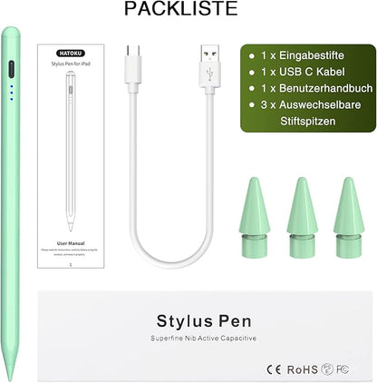 Pen for iPad 2018-2025, HATOKU 15 Mins Fast Charging Pencil 1st Gen with Tilt & Palm Rejection Compatible with iPad Air 3/4/5/M2/M3, iPad mini 5/6, iPad 6/7/8/9/10/11, iPad Pro 11"/12.9"/M4 (Green)