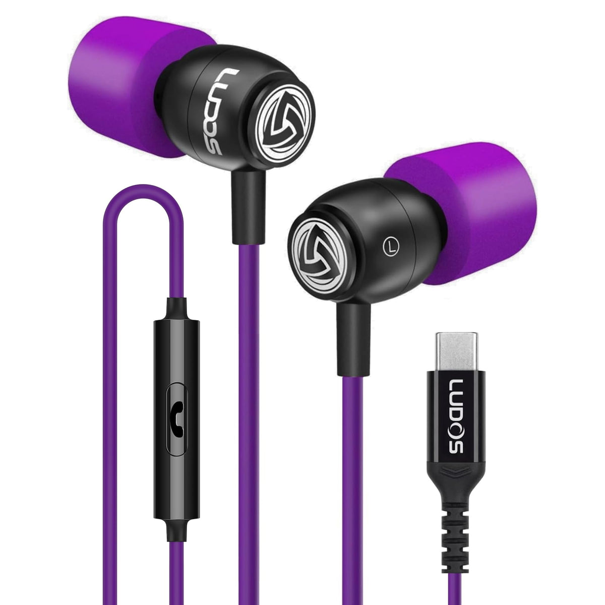 LUDOS Clamor Wired Earbuds in-Ear Headphones, 5 Years Warranty, Earphones with Microphone, Noise Isolating Ear Buds, Memory Foam for iPhone, Samsung, School Students, Kids, Women, Small Ears - Purple