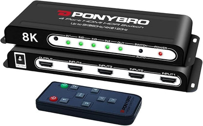 HDMI Switch 8K 4 Port – HDMI 2.1 48Gbps Auto-Switching, 8K@60Hz/4K@120Hz, HDR10+/Dolby Vision, for PS5/Xbox/PC/Apple TV, Zero Latency with Remote