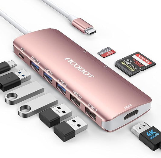 USB C Hub, 9-in-1 Multi-Port USB Adapter, 4K@60Hz HDMI, 100W Max PD, 3 USB3.0(5Gbps) + 2 USB2.0 Data Ports, SD/TF Card Reader for MacBook, iPad Pro, Dell, HP, Lenovo, Windows Laptop, Rose Gold