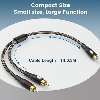 EMK RCA Splitter 2 Male to Female Extension Cable Dual Shielding Gold Plated Nylon Braided RCA Splitter 1 Female to 2 Male Cord Adapter Black/1ft/30CM
