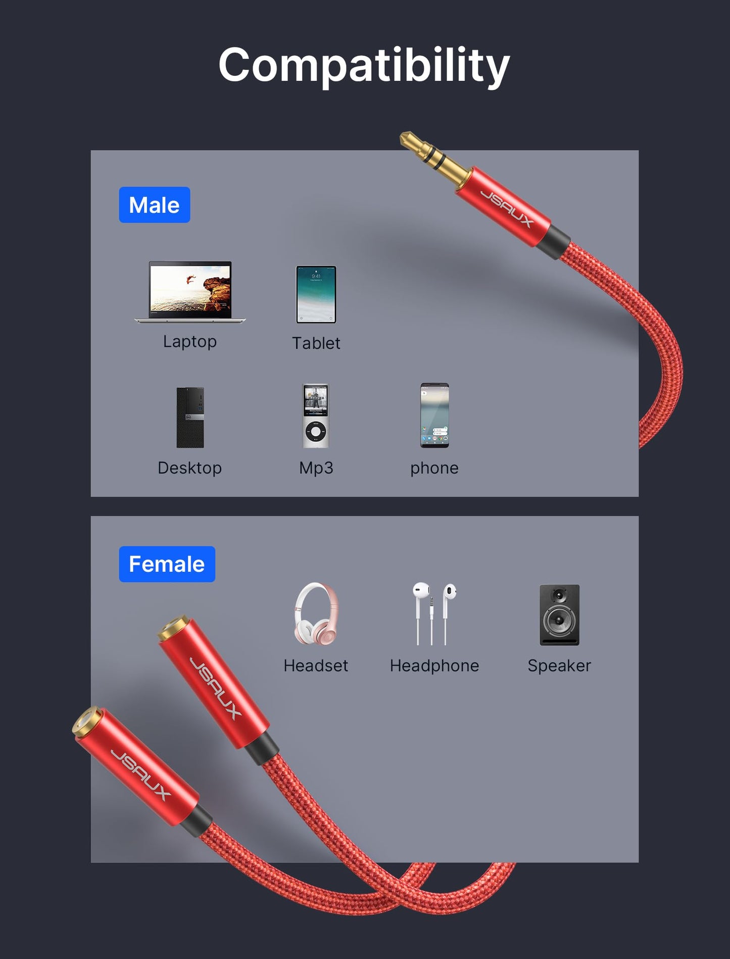 JSAUX Headphone Splitter for 2 Headphones, 3.5mm Splitter (No Mic), Red