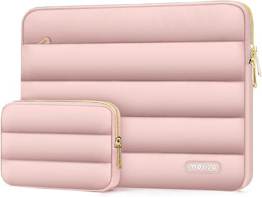 MOSISO 13.3 inch Laptop Case, 13-13.3 inch Puffy Laptop Sleeve Compatible with MacBook Air 13 13.6 M4 M3 M2 M1/Pro 13/Pro 14, HP Dell ASUS Lenovo,Polyester Horizontal Bag with Small Case, Pink