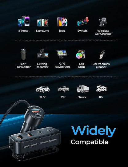 AINOPE 108W USB C Car Charger with 6 Fast Charging Ports, Road Trip Essentials Cigarette Lighter Car Travel Essentials for Long Trips Kids for iPhone 16 15 Pro Max 14 iPad S24 S25 Hire Tablet