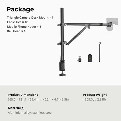 SMALLRIG Triangle Camera Desk Mount, Overhead Desk Clamp Phone Mount