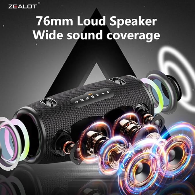 ZEALOT 80W Portable Bluetooth Speaker, Stereo Sound with Deep Bass,IPX6 Waterproof, LED Light,Bluetooth 5.2, Indoor/Outdoor Speaker for Party, Gathering, Pool, Camping,Travel (Black)
