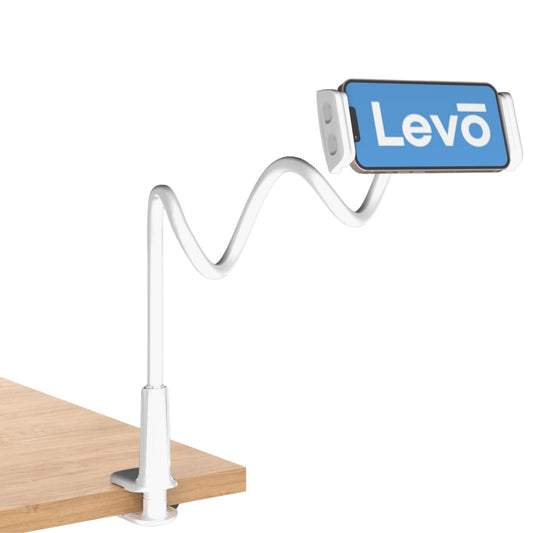 LEVO Gooseneck Phone Holder, Clamp-On Mount for Desk, Bed, RV & Boat, White