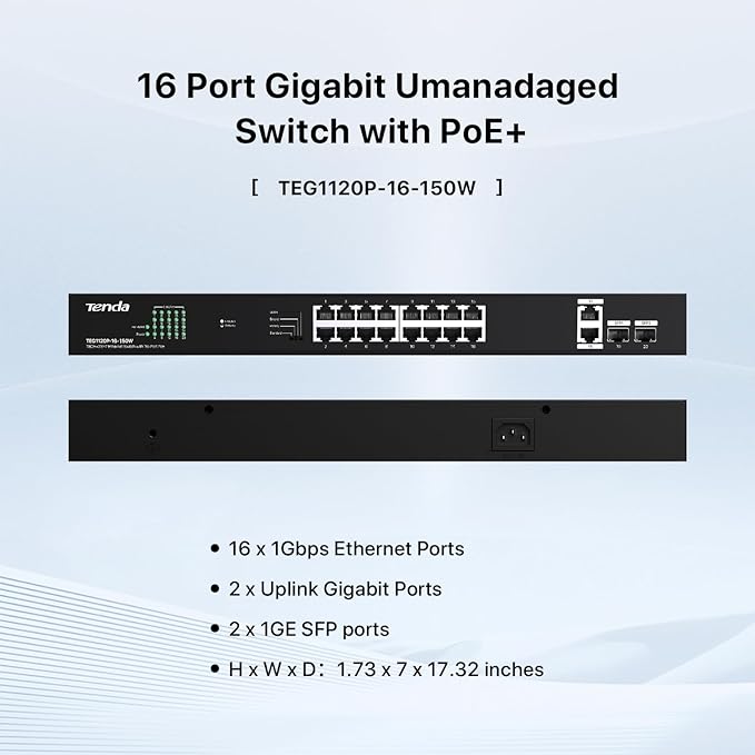 Tenda TEG1120P 16 Port 150W PoE Switch, Compatible with IEEE 802.3af/at Devices, Unmanaged Gigabit Switch with 16 Port PoE+@135W, 2 Uplink RJ45 Ports & 2 SFP Ports, Rack Mountable