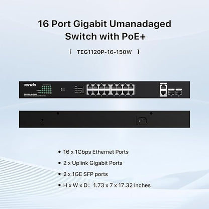 Tenda TEG1120P 16 Port 150W PoE Switch, Compatible with IEEE 802.3af/at Devices, Unmanaged Gigabit Switch with 16 Port PoE+@135W, 2 Uplink RJ45 Ports & 2 SFP Ports, Rack Mountable