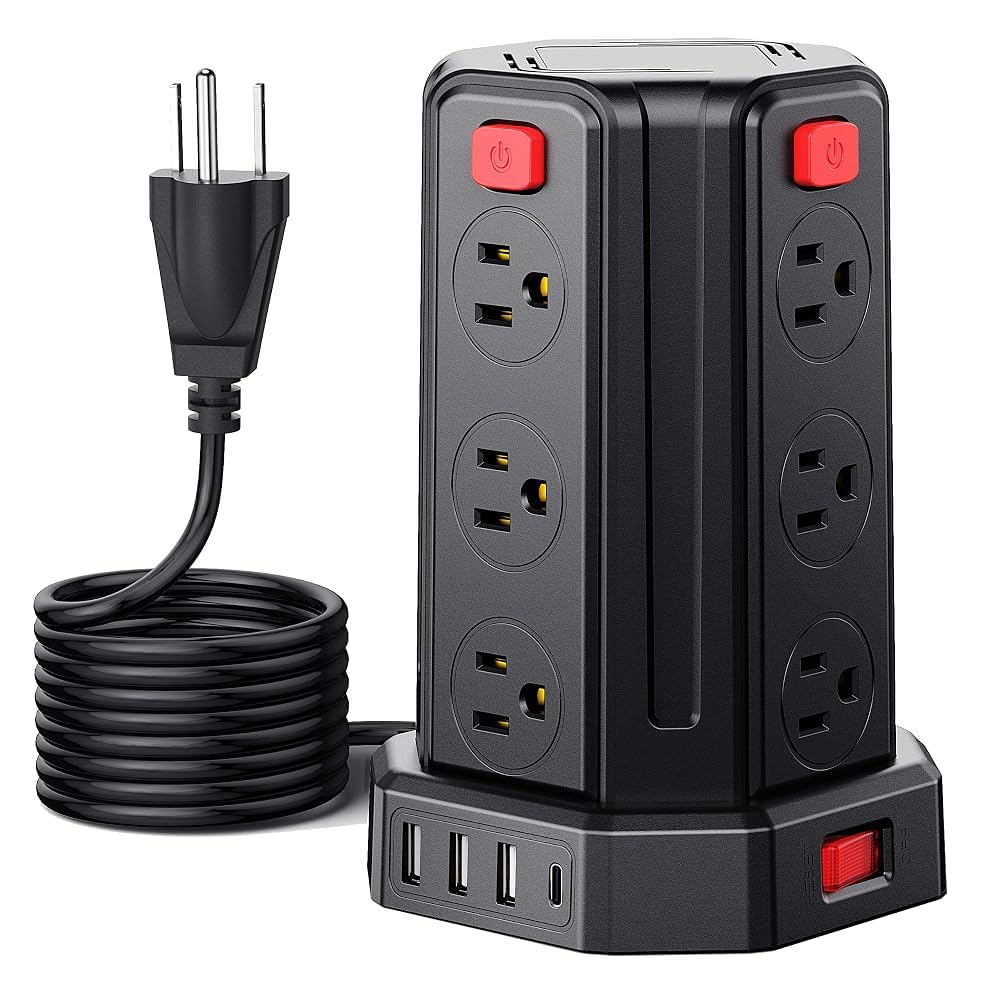 Power Strip 10 Ft Extension Cord with 12 AC Multiple Outlets 4 USB (1 USB C), SMALLRT Power Strip Tower Desktop Charging Station for Home Office College Dorm Essentials