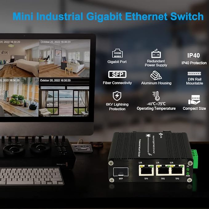 Mini Throncom 4 Ports Gigabit Industrial Fiber Ethernet Solar Switch Hardened 10/100/1000Mbps with 100/1000M Adaptive SFP Slot Din Rail/Wall Mount Solar Power/VoIP/RV Truck 12-48VDC LNK-IMC103G-SFP