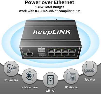 10-Port Industrial Gigabit PoE Switch, Managed with 8 PoE+@130W, 2 SFP Slots, DIN Rail Network Switch, IP40, Operating Temperature Range of -30° – 75°C (-22° – 167°F), Lifetime Protection