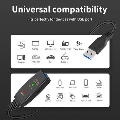 LDKCOK Active USB 3.0 Extension Cable 30ft– Male to Female Extender Cord, USB Extension Cable for USB Flash Drive, Card Reader, Hard Drive, Keyboard, PlayStation, Xbox, VR, Printer, Camera, Laptop