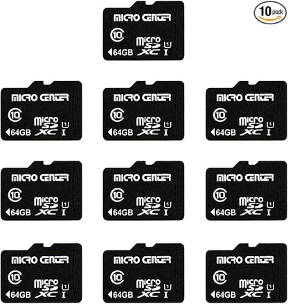 Micro Center 64GB Class 10 MicroSDXC Flash Memory Card 10 Pack with Adapter for Mobile Device Storage Phone, Tablet, Drone & Full HD Video Recording - 80MB/s UHS-I, C10, U1 (10 Pack)