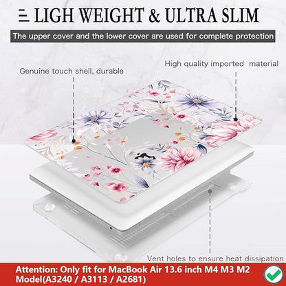 CISSOOK Flower Case for MacBook Air 13.6 Inch M4 M3 M2 Chip Model A3240 A3113 A2681, Plastic Shell Cover with Keyboard Cover Screen Protector for MacBook Air 13 2022-2025, Flowers Watercolor