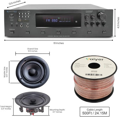 Vaiyer Home Audio System Kit, 6-Channel 6000 Watts Bluetooth Amplifier with 6.5" 12 QTY of 200 W Each Frameless in-Ceiling Speakers & 16 AWG 500 ft. Speaker Wire - Perfect for Home, Office, Restaurant