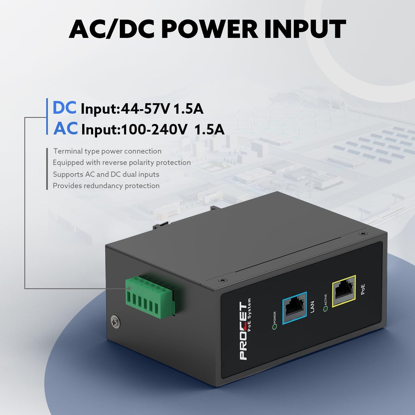 PROCET 10 Gbps Gigabit PoE++ Injector Din Rail, 60W Industrial Adapter with Wide Temp -40°F to 149°F, 6KV Surge Protection, AC/DC Input, IEEE802.3af/802.3at/802.3bt, PT-PSE105GB-AC-10