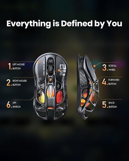 GravaStar Mercury M2 Wireless Gaming Mouse with 26,000 DPI, PAW3395DM Sensor -79g Lightweight Hollowed-Out Design -5 Programmable Buttons -5 Dynamic Lightsync RGB
