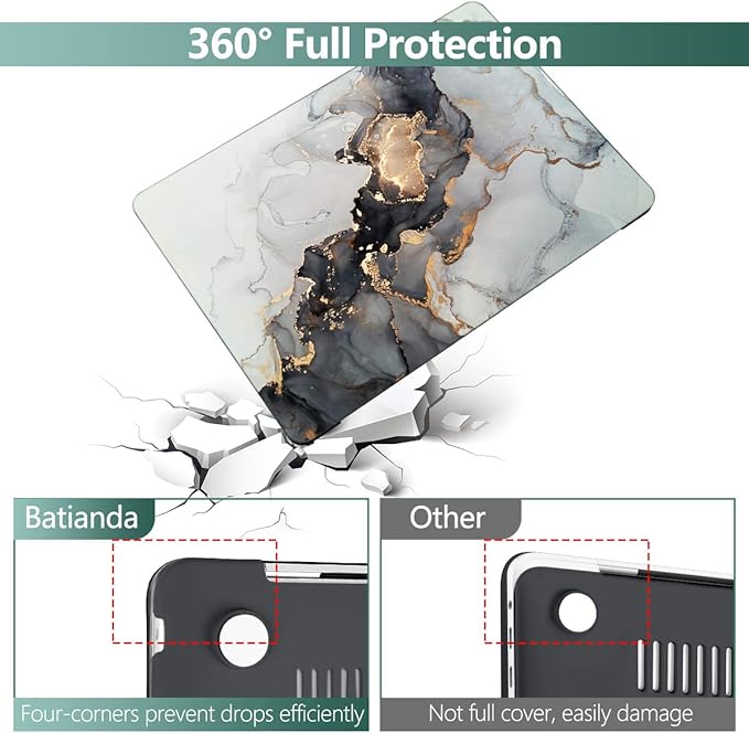 Batianda Case for MacBook Air 13 inch 2020 2019 2018 Release A2337 M1 A2179 A1932, Plastic Hard Shell +Keyboard Cover+Screen Protector for MacBook Air 13 inch Touch ID & Retina,Grey & Gold Ink