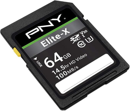PNY 64GB Elite-X Class 10 U3 V30 SDXC Flash Memory Card - 100MB/s, Class 10, U3, V30, 4K UHD, Full HD, UHS-I, Full Size SD (Pack of 1)