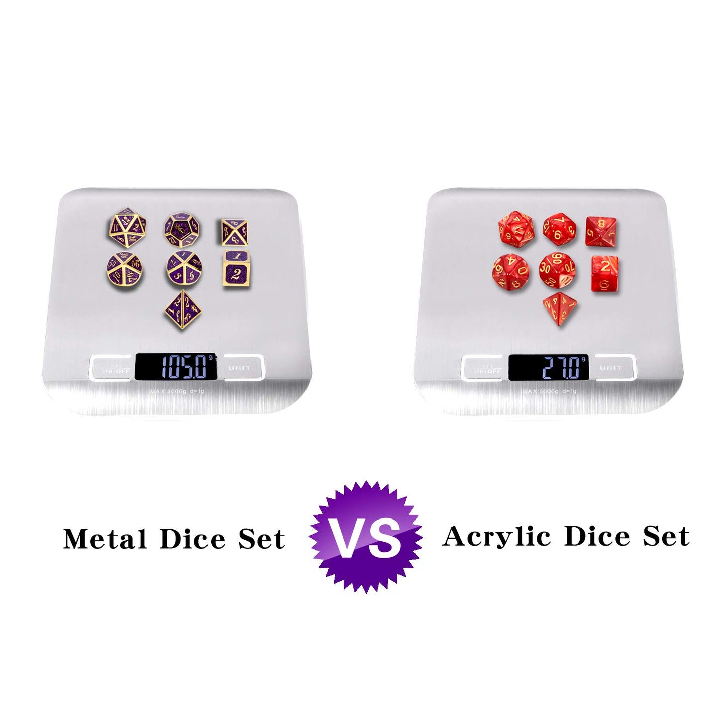 DNDND Glitter Purple Metal Dice Set, Solid Polyhedral DND Metallic Dice with Free Metal Case for Role Polying Game Dungeons and Dragons