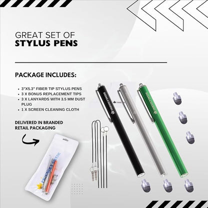 The Friendly Swede Mesh Tip Stylus Pen for Touchscreen — 3-Pack Micro-Knit Capacitive Stylus Pen for iPad & iPhone with 3 Replaceable Fiber Tips, Elastic Lanyards & Screen Cleaning Cloth