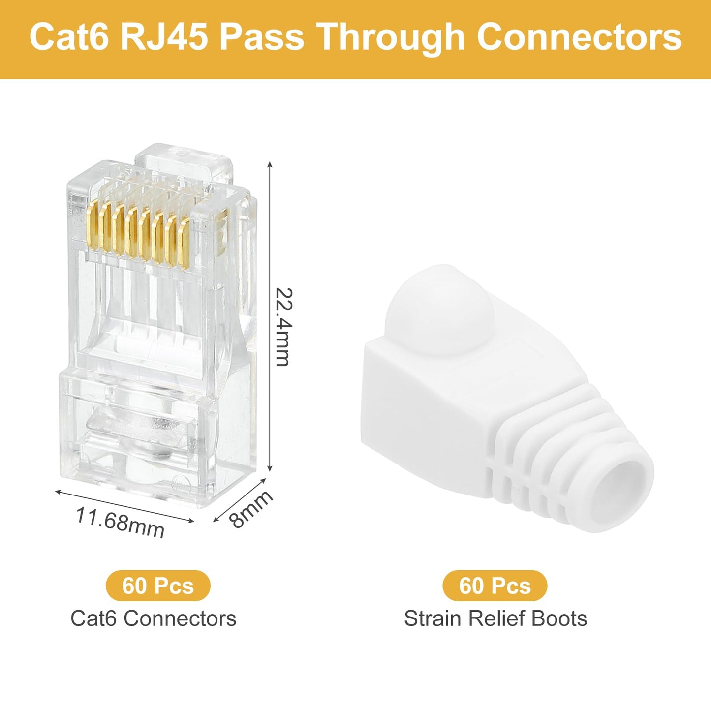 MECCANIXITY 60pcs Cat6 RJ45 Pass Through Connectors, RJ45 Connector 8P8C Gold Plated Plugs with 60pcs White Strain Relief Boots for Solid or Stranded UTP Ethernet Cable, 1.1mm