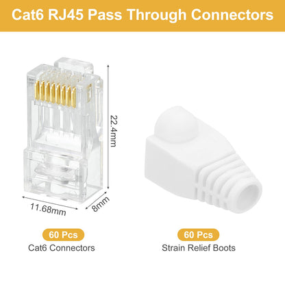 MECCANIXITY 60pcs Cat6 RJ45 Pass Through Connectors, RJ45 Connector 8P8C Gold Plated Plugs with 60pcs White Strain Relief Boots for Solid or Stranded UTP Ethernet Cable, 1.1mm