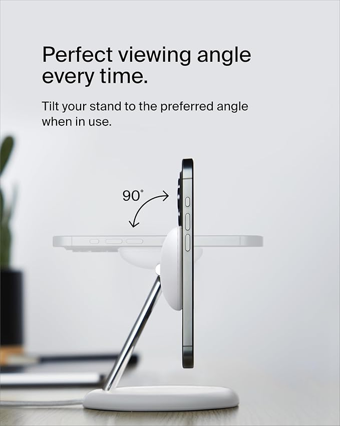 Belkin MagSafe-Compatible 3-in-1 Wireless Charger Stand 15W - Qi2-Certified Wireless Charging Station, Fast Charging of iPhone 16, AirPods, & Apple Watch - 36W Included - White