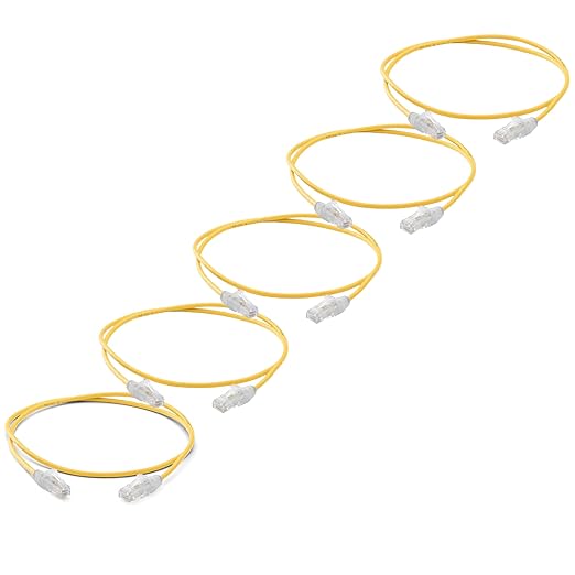 TRUECABLE Cat6 Component Rated Patch Cable, Unshielded (U/UTP), 2ft, Yellow, 28AWG Stranded Pure Copper, Snagless 10G High-Speed Ethernet Cable, PoE++ 4PPoE 100W, UL Listed, RoHS-3, 5 Pack