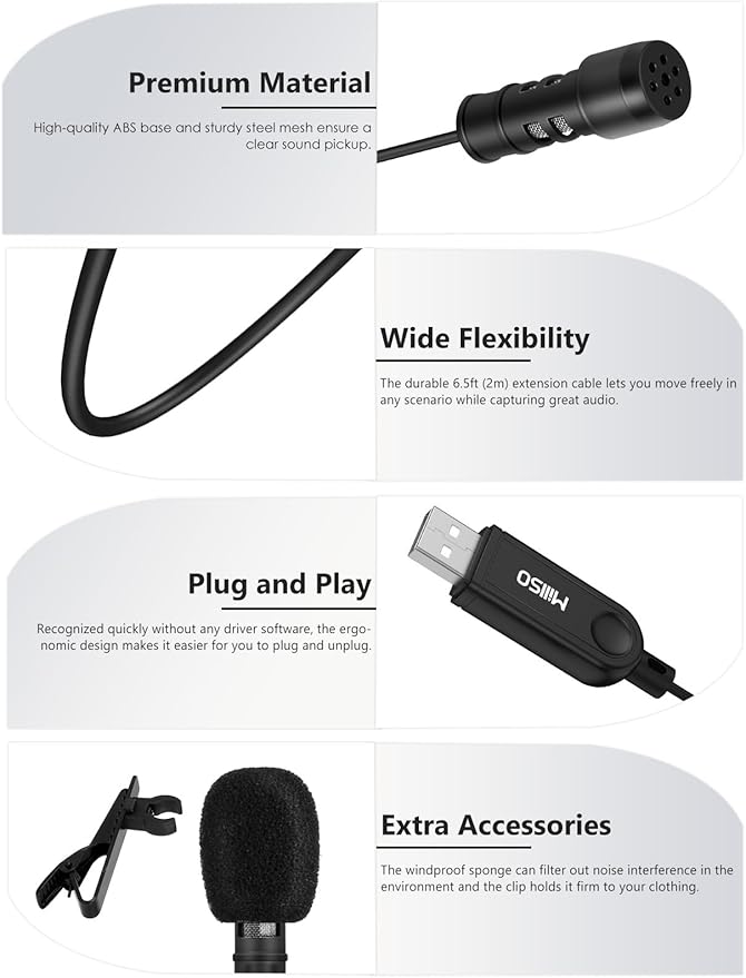 MillSO USB Lavalier Microphone with Headphone Jack Omnidirectional External Lapel USB PC Microphone for Computer, Laptop, YouTube, Meeting, Recording, Podcasting, Gaming - 2M/6.5FT