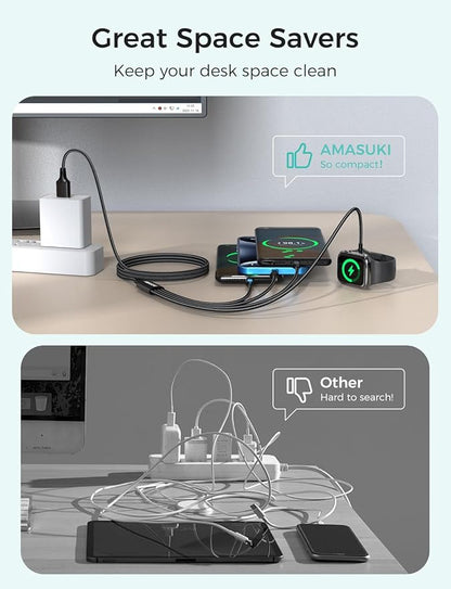 2Pack Travel Essentials Multi Charging Cable for Watch Charger 4 in 1 Fast Charger Camping Essentials USB C/L/Micro Compatible with Watch Series 10-1/SE/Ultra Phone 16 15/Galaxy Android-4FT/Black