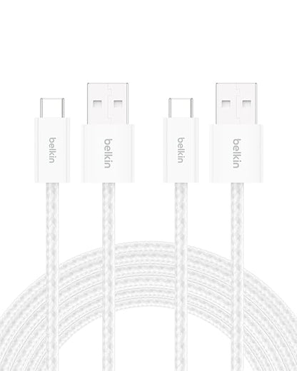Belkin USB A to USB C Cable 2-Pack, 9.9ft, 15W - Type C Charger, iPhone Charger Cord, Soft, Braided, Flexible for iPhone 16 & 15, Galaxy S25, Pixel 9, iPad Pro, Airpods Pro, Switch & More - White
