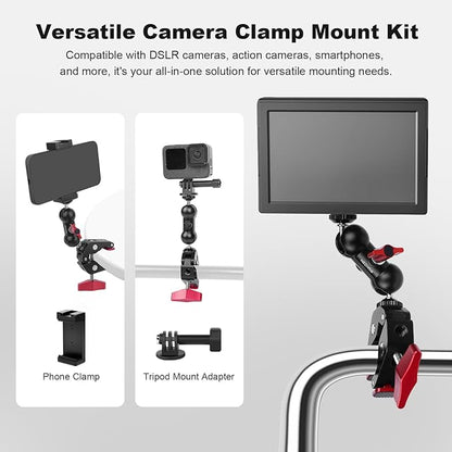 Super Clamp with Dual Ballhead Magic Arm, Aluminum Camera Clamp Mount Kit for DSLR Action Camera/Phone/Monitor/Video Light/Microphone, Camera Mount for Tripod/Desk/Tube (SY006)