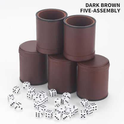 5 Pack PU Leather Dice Cups Velvet Felt-Lined Shaker Cups with 25 Dot Dice for Bar Party Yahtzee Farkle Dice Games, Brown