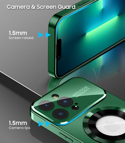 Magnetic for iPhone 13 Pro Max Case, Compatible with MagSafe, Built-in Camera Lens Protector, Logo View, Military Grade Drop Proof Phone Case Cover, Dark Green