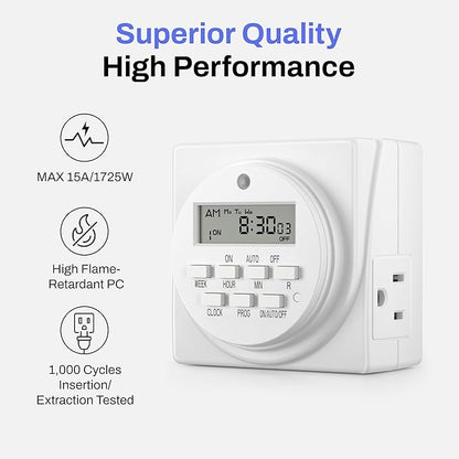BN-LINK 7-Day Heavy Duty Digital Programmable Timer, 120V, 60Hz, Dual Outlet forLight, ETL Listed (2-Pack)