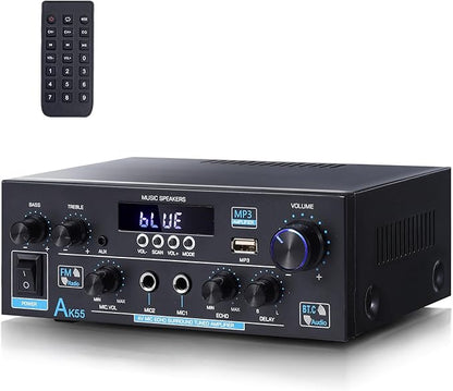 AK55 Bluetooth 5.0 Amplifier Home Audio,2.0 Channel Max 450W Power Stereo Amplifier Receiver w/USB/AUX/RCA/Opt/COA /2 MIC in for Home Theater Speakers