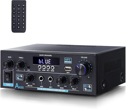AK55 Bluetooth 5.0 Amplifier Home Audio,2.0 Channel Max 450W Power Stereo Amplifier Receiver w/USB/AUX/RCA/Opt/COA /2 MIC in for Home Theater Speakers