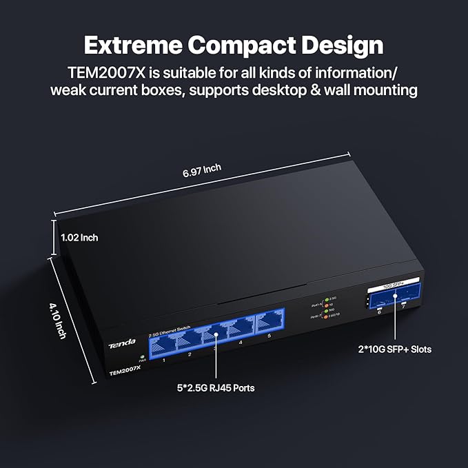 Tenda TEM2007X, 5 Port 2.5G Ethernet Switch, Unmanaged 2.5Gb Switch with 5 x 2.5G Ports & 2 x 10Gb SFP+ Slots, 50Gbps Switching Capacity, Plug & Play, Desktop/ Wall-Mount, Fanless Metal Design
