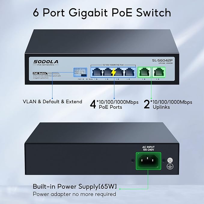 SODOLA 4 Port Gigabit PoE Switch with 2 Uplinks, AI Watchdog/Extend/Port Isolation, 802.3af/at,Plug & Play Unmanaged Network Switch