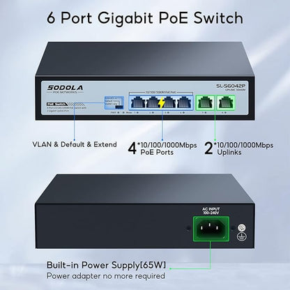 SODOLA 4 Port Gigabit PoE Switch with 2 Uplinks, AI Watchdog/Extend/Port Isolation, 802.3af/at,Plug & Play Unmanaged Network Switch