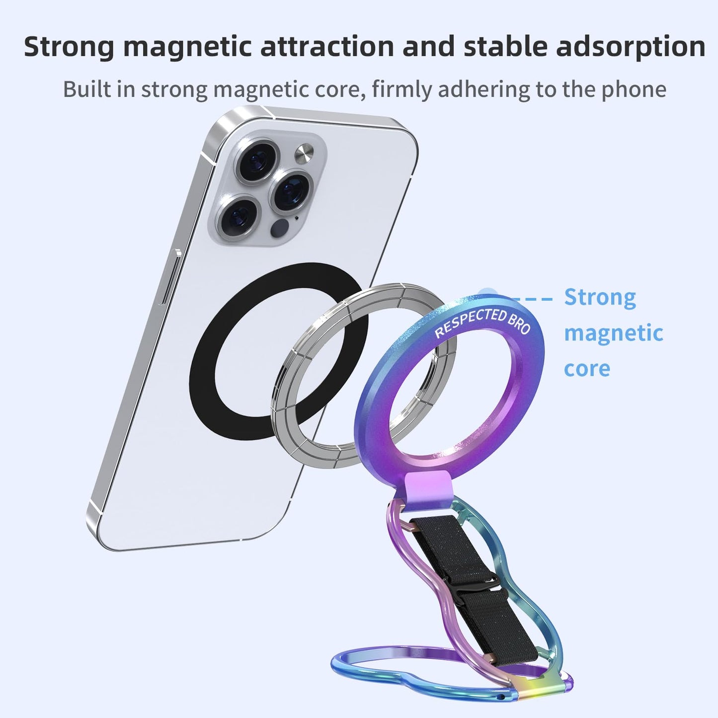 RESPECTED-BRO-Magnetic-Phone-Grip-Stand-with-Finger-Strap, 4-in-1 Magnetic Ring Holder, Kickstand and Elastic Strap for Phones, Universal Fit for iPhone 17/16/15/14/13/12, Android and Cases (Colorful)