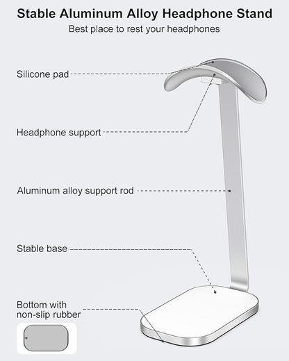 VICHYIE Headphone Stand for AirPods Max, Headset Holder with Aluminum Supporting Rod, Heavy Base Desk Stand Headphones Support Accessory for All Headphones - Silver White