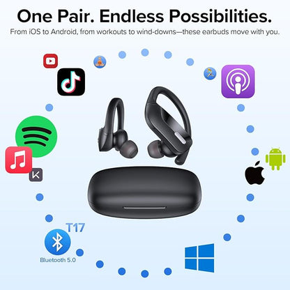 OCC Wireless Ear Hook Sport Earbuds, Bluetooth Headphones with Mic, IPX5 Waterproof, 80H Playtime, Deep Bass, Secure Fit for Running Gym Workout - Black