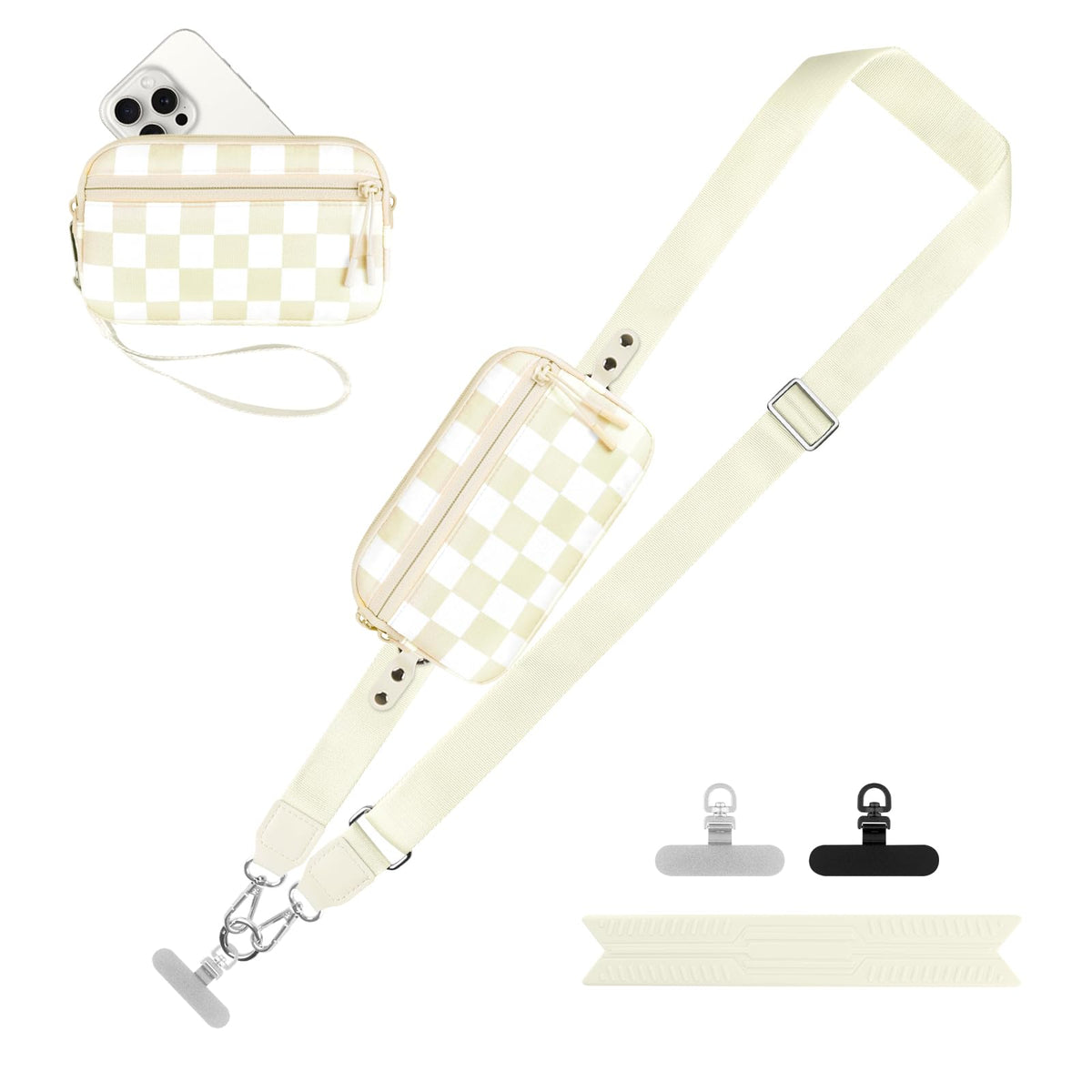 YFWE Clip and Go Strap for Phone with Wallet Crossbody, Adjustable Phone Lanyard with Detachable RFID Wristlet Wallet, Phone Strap with Phone Tabs for All Phones, Black Checkered (M)