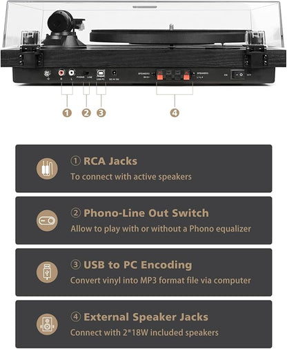 Record Player Vinyl Bluetooth Turntable with 36 Watt Stereo Bookshelf Speakers, Hi-Fi System with Magnetic Cartridge, USB Recording and Auto Stop