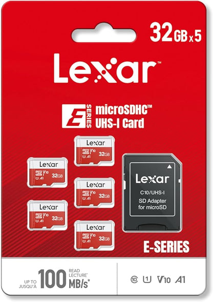 Lexar E-Series 32GB Micro SD Card 5 Pack, microSDHC UHS-I Flash Memory Card with Adapter, 100MB/s, C10, U1, A1, V10, Full HD, High Speed TF Card