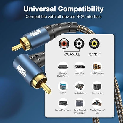 EMK RCA Subwoofer Cable 90 Degree RCA to RCA Audio Cable 24K Gold-Plated Nylon Braided Double Shielded Digital Analogue Supports Amplifiers,Home Theater,Hi-Fi Systems,Subwoofer(50ft/15m)