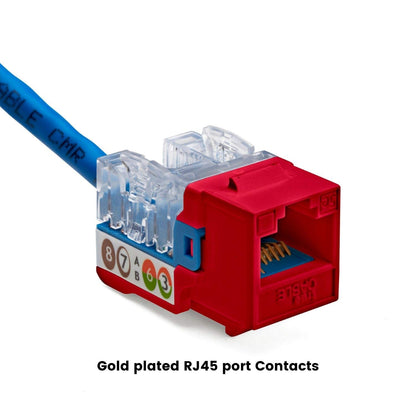 TRUE CABLE Cat5e Keystone Jack, Unshielded (UTP), 90 Degree Punch-Down, PoE++ (4PPoE) 100W, UL Listed, ETL Verified, ANSI/TIA Certified, Modular RJ45 Female, Red, 48 Pack